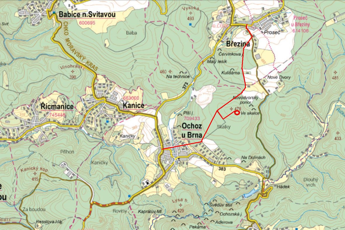 Má cesta vedla z Březiny na Plošinu Skalka, kde jsem na noc bivakoval. Odtud jsem šel dál do Ochoze u Brna.