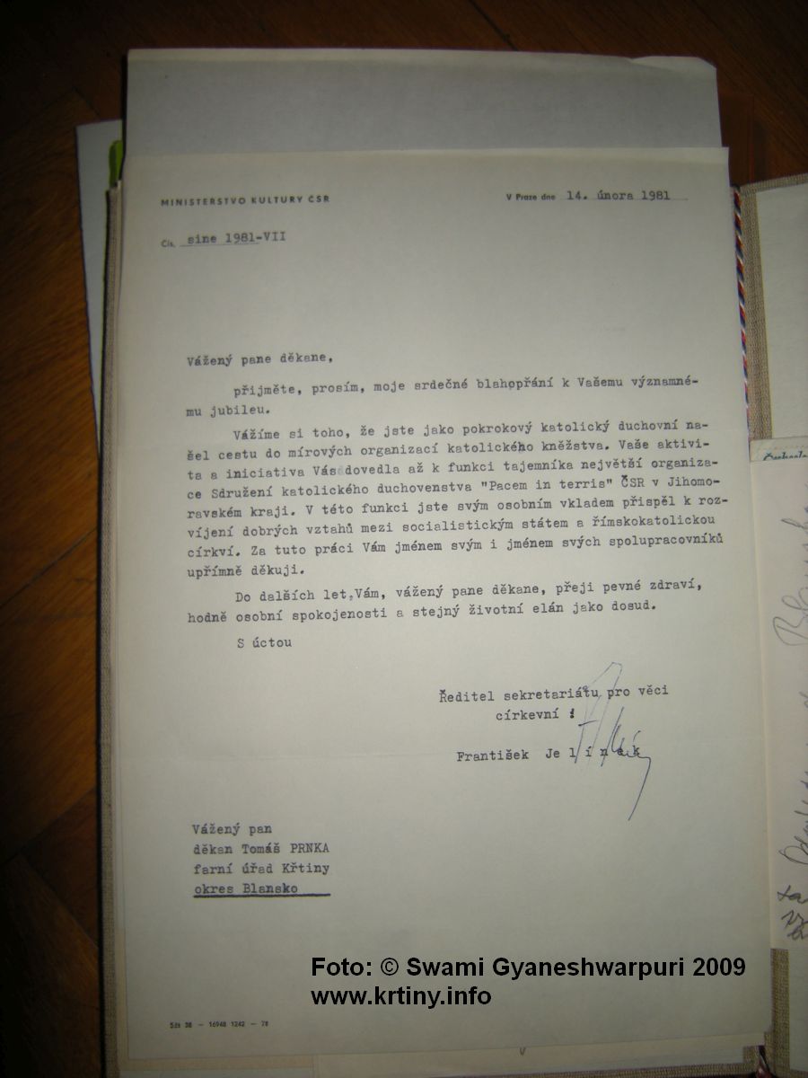 V archivu fary ve Křtinách jsem objevil v roce 2009 tento dokument z něhož vyšla najevo pravda o minulosti P. Tomáše Prnky, který byl za komunistického režimu ve funkci tajemníka prorežimního sdružení katolických duchovních "Pacem in terris" ČSR v Jihomoravském kraji. 