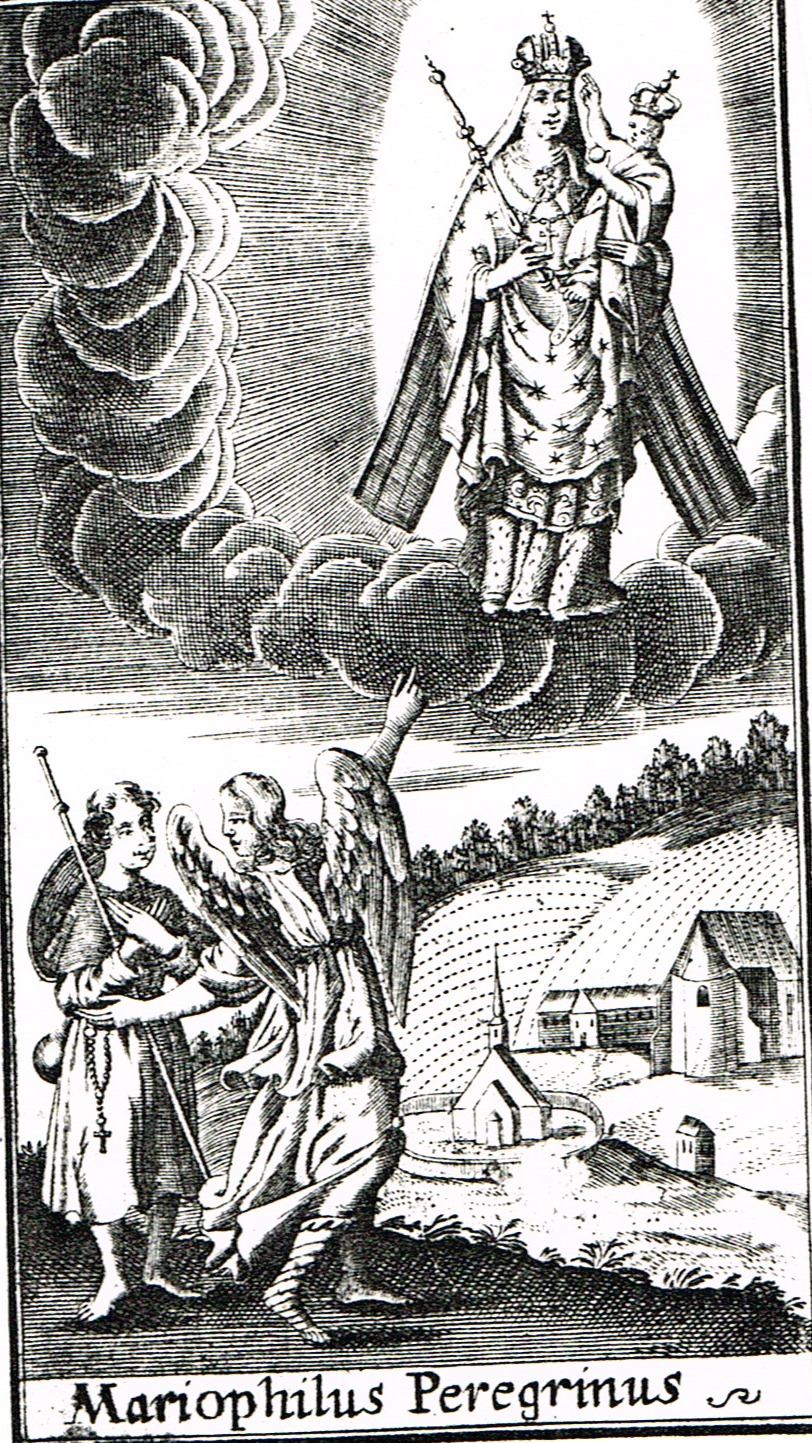 Poutník ukazuje cestu v Panně Marii do Křtin. Obrázek z knihy Kyriteiner Wahlfarter z roku 1707.