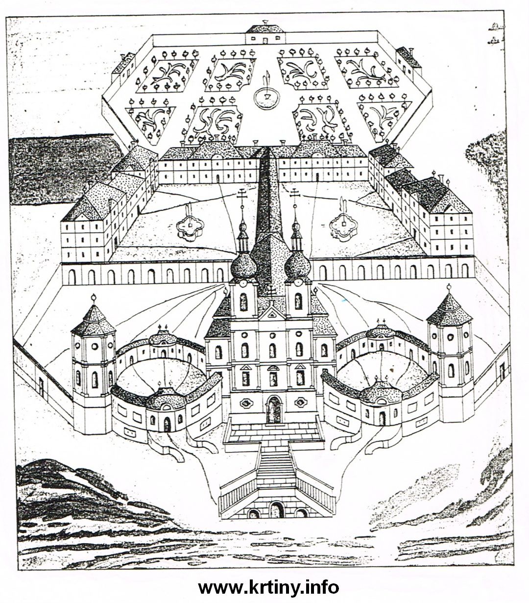 Křtinský chrám se dvěmi věžemi. Takto měl vypadat po dokončení. Kresba Luňáčka z roku 1808. 