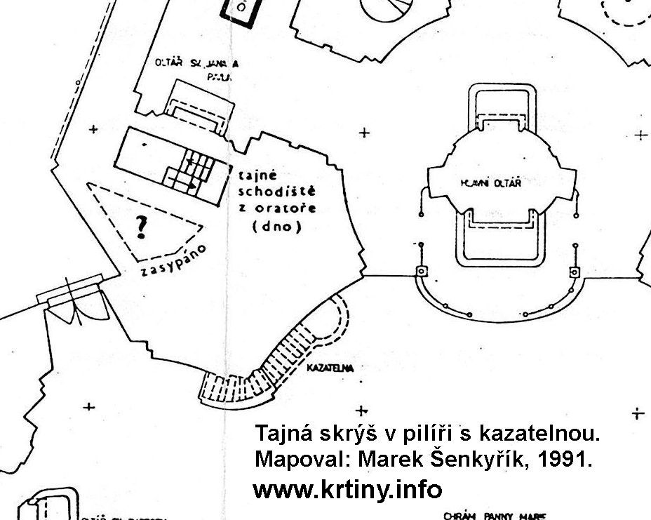 Mapa tajné skrýše v pilíři s kazatelnou chrámu Panny Marie (1991). 