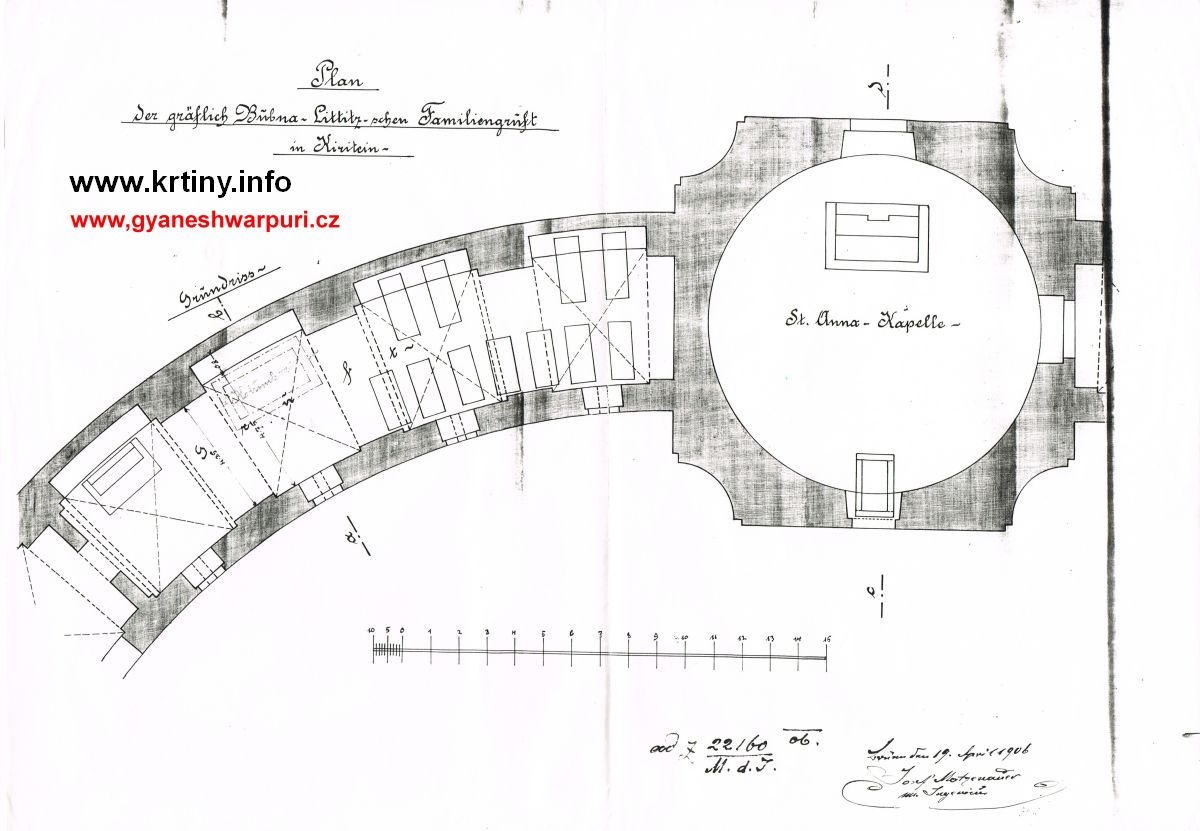 Nadzemní hrobka hrabat z Bubna - Litic v podloubí severního ambitu na mapové dokumentaci z roku 1906.