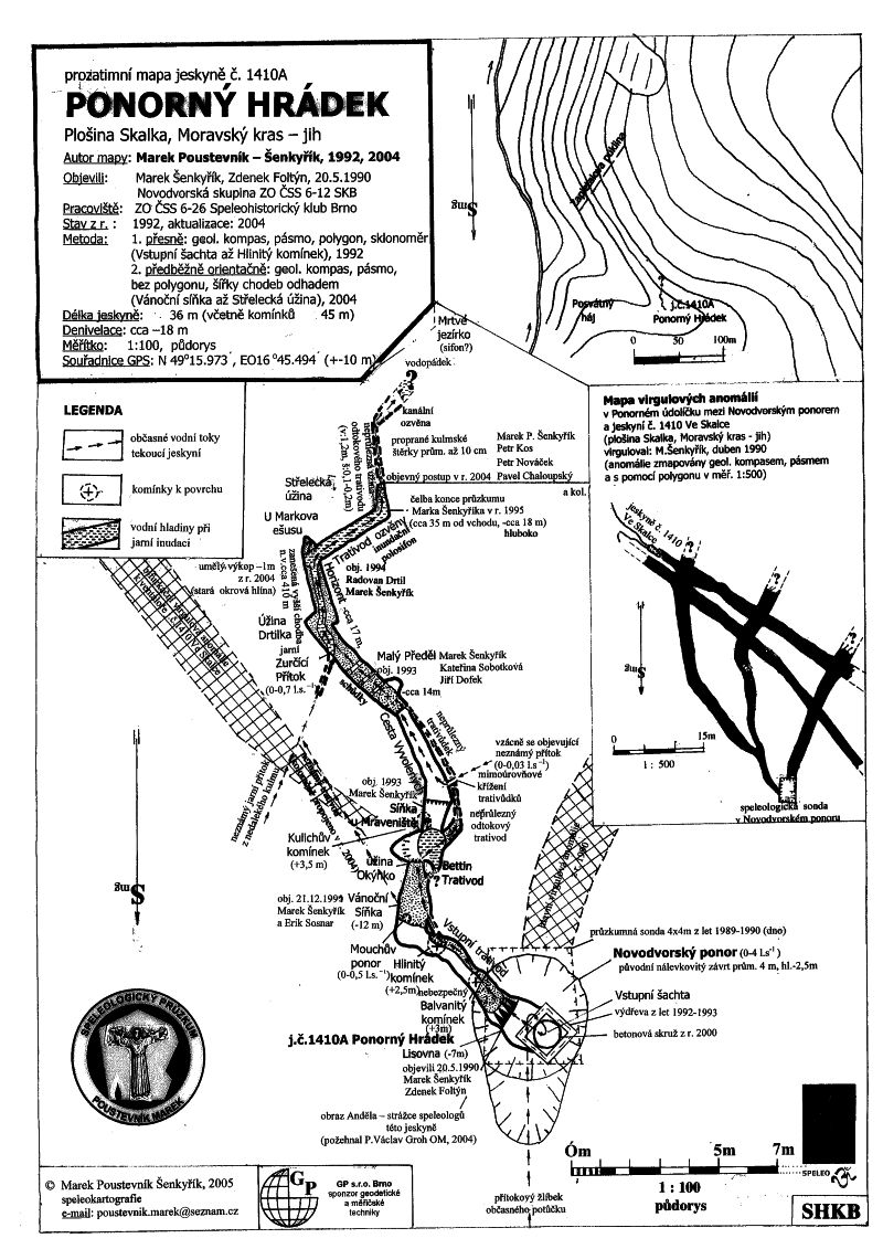 Speleologická mapa jeskyně Ponorný hrádek, která byla částečně mapována bez polygonu a jako paměťová nákres.