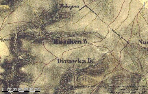 Jméno lesní trati Dírawka na staré mapě.