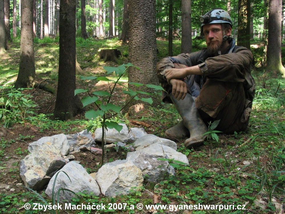 Speleolog a poustevník Gyaneshwarpuri  u čerstvě zasazené Mahéšvaránandovy lípy na Děravce. Foto: Zbyšek Macháček, 9.6.2007.