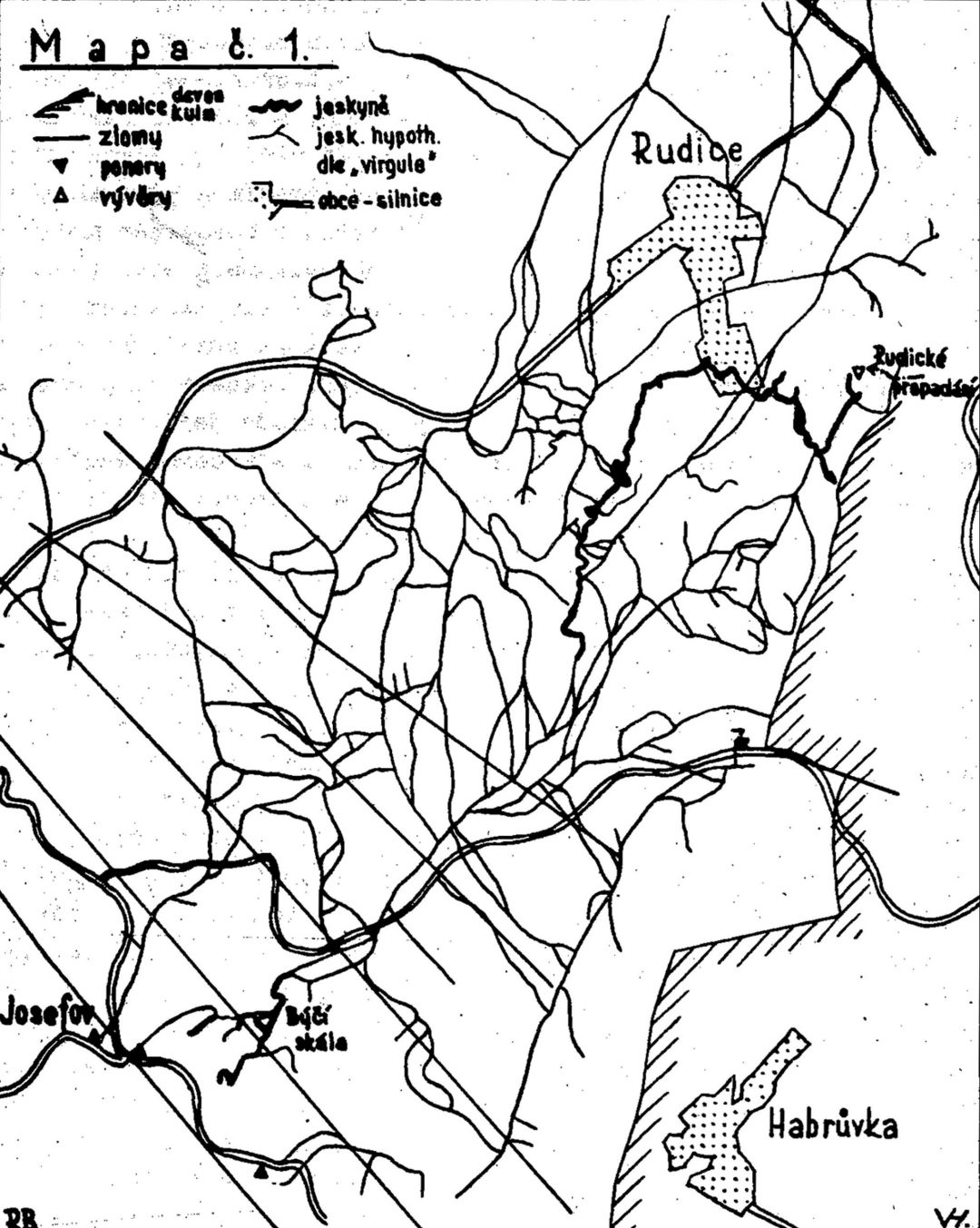 Feitlova virgulová mapa neskutečného jeskynního bludiště pod Rudicko-Habrůveckou plošinou. Překresba Rudolfa Burkhardta.