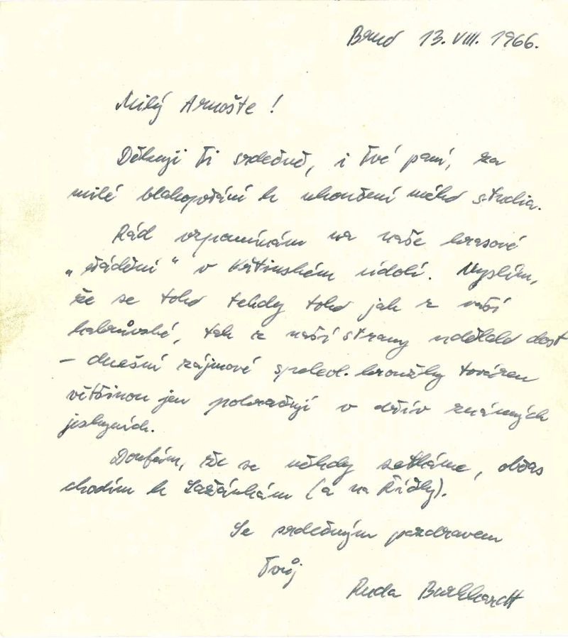 Dopis Rudolfa Burkhardta Arnoštu Hlouškovi z něhož vyplývá, že si ho vážil (1966).