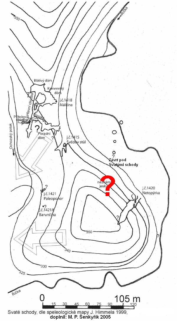 Jeskynní systémy pod Svatými schody na mapě Jana Himmela z roku 1999, aktualizovat Marek P. Šenkyřík roku 2005. 